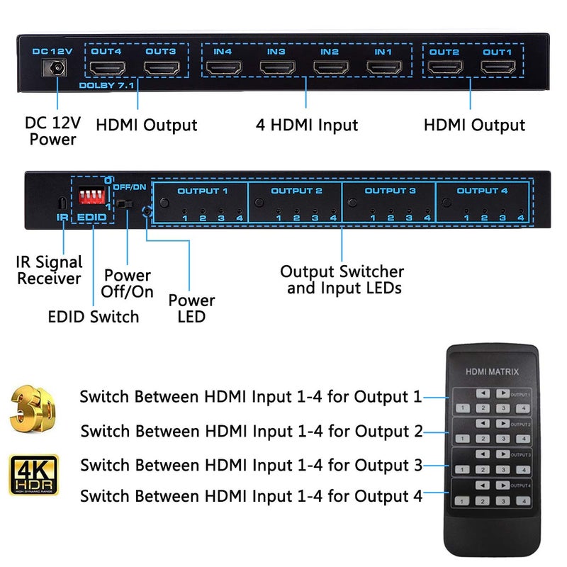 ENBUER مفتاح مصفوفة HDMI إنبيور 4x4، مفتاح تقسيم HDMI 4K مع دعم EDID والتحكم عن بُعد بالأشعة تحت الحمراء 4 في 4 خارج، HDMI 2.0b، HDCP 2.2، 4K@60Hz، 3D، YUV 4:4:4 - Image 5